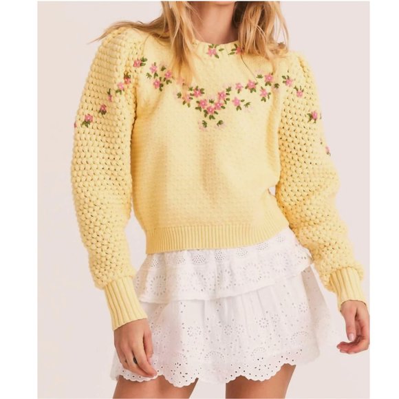 LoveShackFancy Sweater Kenzly Crochet Pullover in Mellow Yellow - Picture 3 of 17